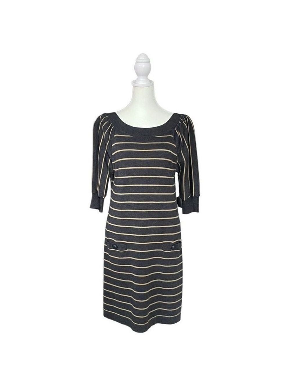 Jessica Howard Gray & Tan Stripe Balloon Sleeve Sweater Dress w/ Pockets Medium